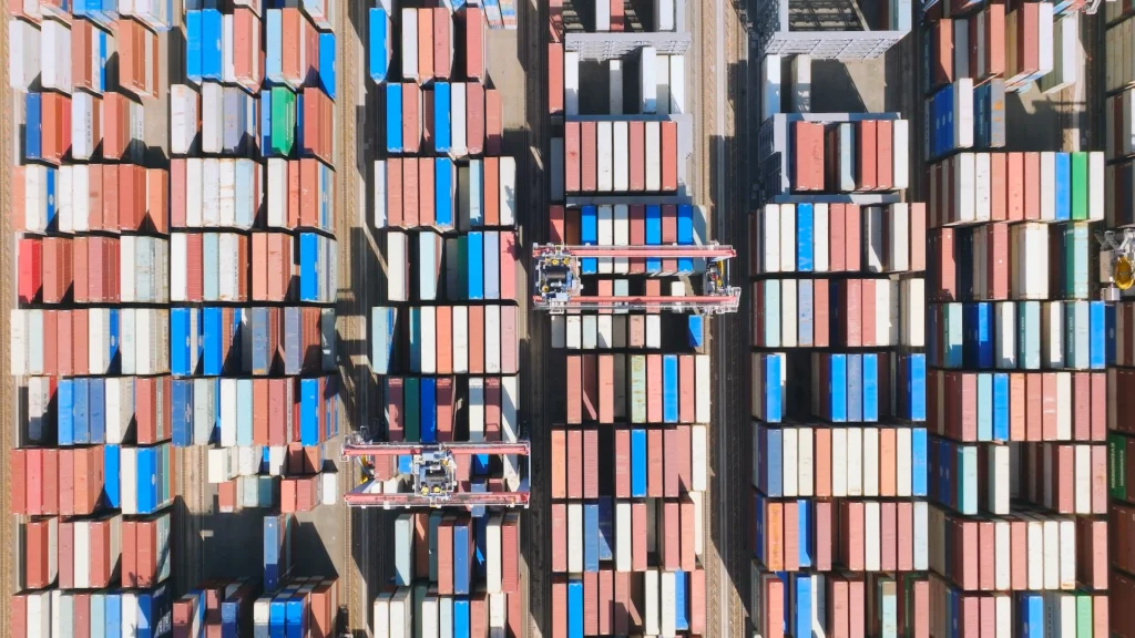 Birdseye view of a container yard.